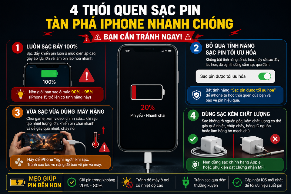 4 Sai Lầm Thường Gặp Khi Sạc iPhone Khiến Pin Nhanh Chai